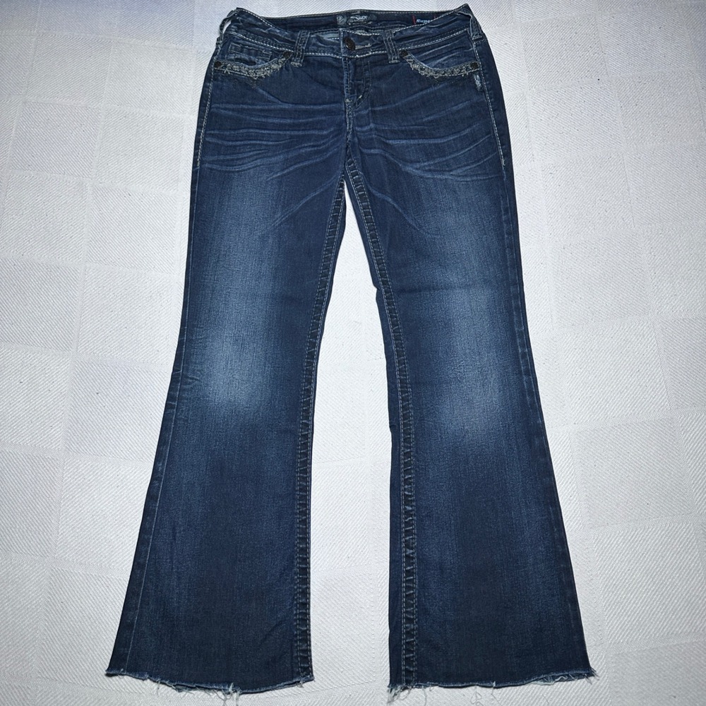 Silver Jeans Co Suki Mid Boot Women 29 Embroidered Raw Hem Dark Wash Denim Blue